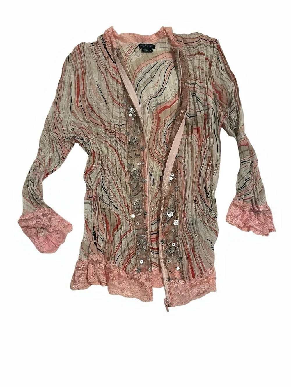 Piano Abstract Button Front Blouse in Pink & Cream Size Medium